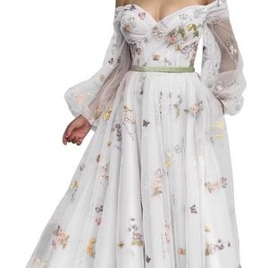 Women's Puffy Sleeve Tulle Prom Dresses Tea Length Pink Flower Lace Formal